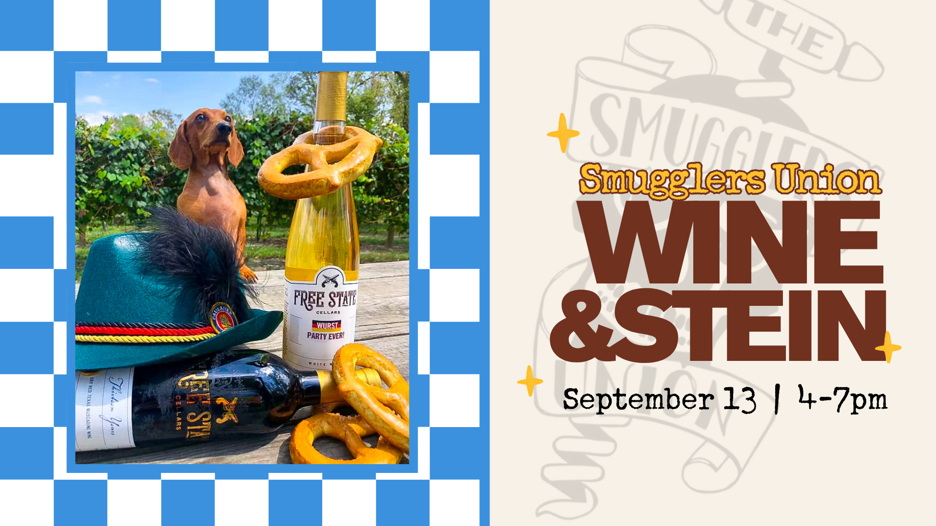 Smugglers Union wine and beer event with bottles, pretzels, and a dog hat on a sunny outdoor setting.
