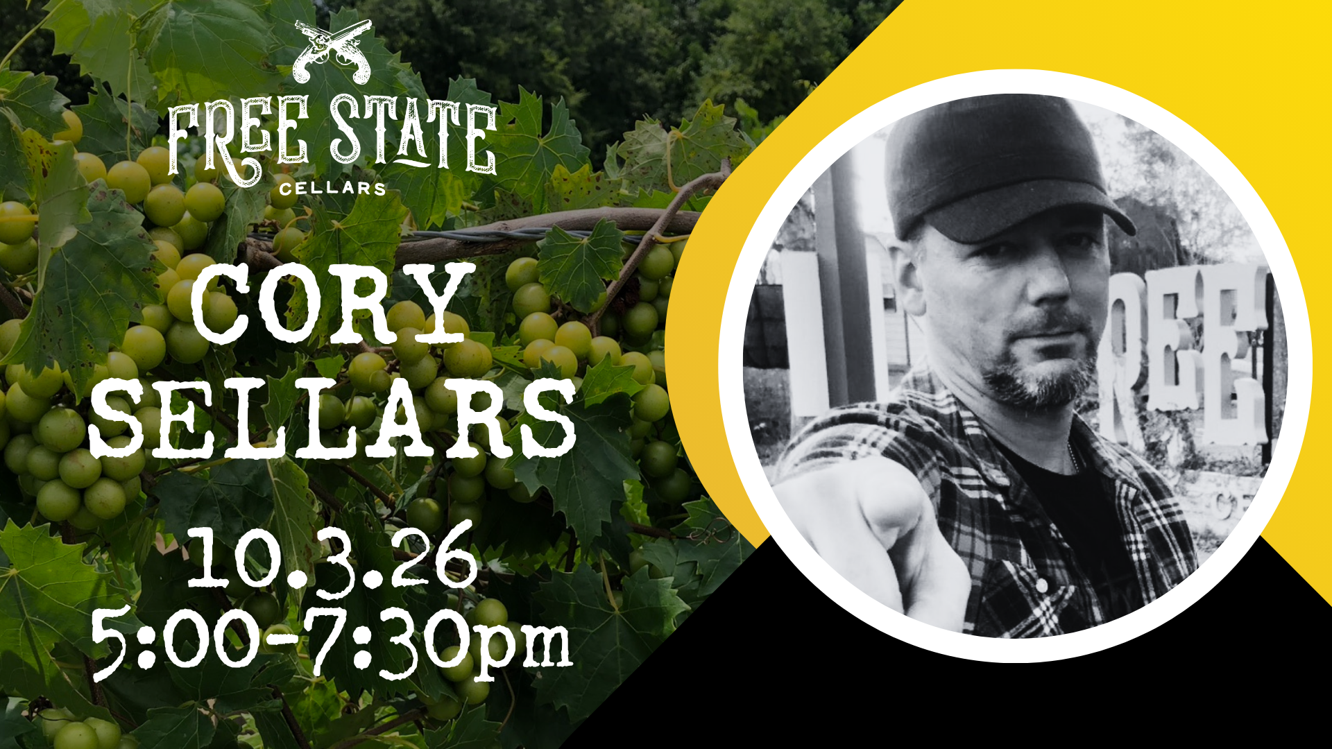 Cory Sellars live music event at Free State Cellars on October 3, 2026, from 5:00 to 7:30 pm.