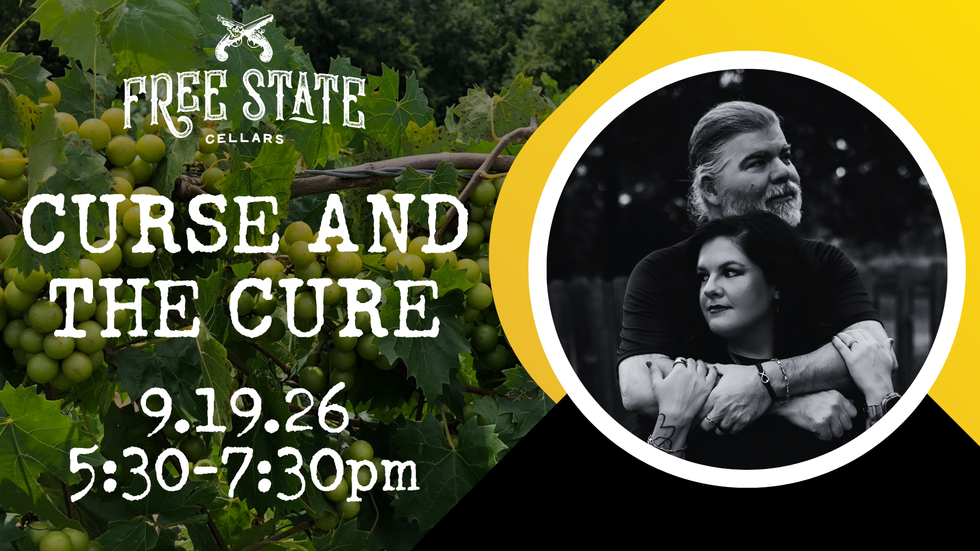 Event poster for 'Curse and the Cure' at Free State Cellars on 9.19.26 from 5:30 to 7:30 pm.