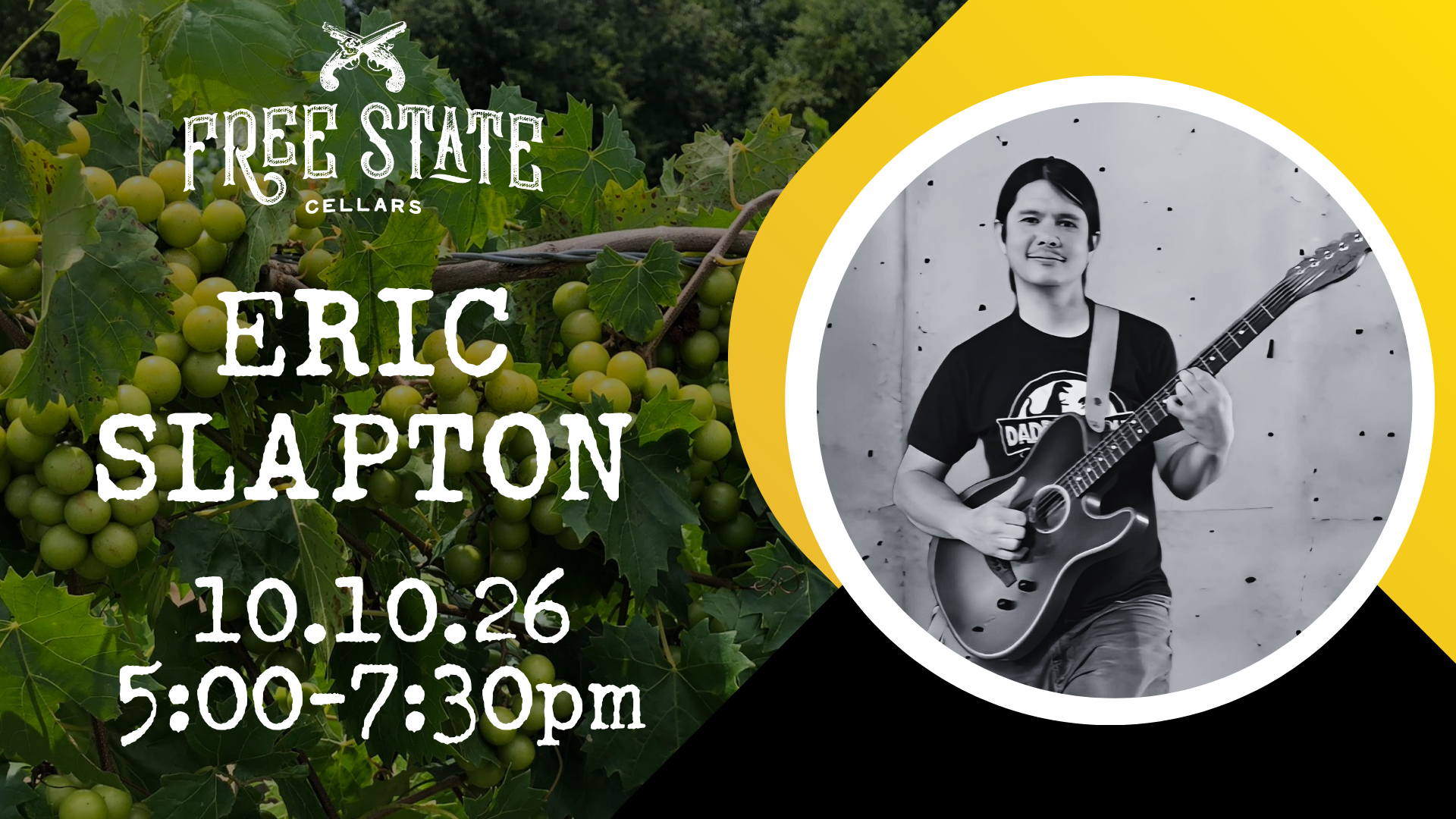 Eric Slapton live music performance at Free State Cellars on October 26 from 5 to 7:30 pm.