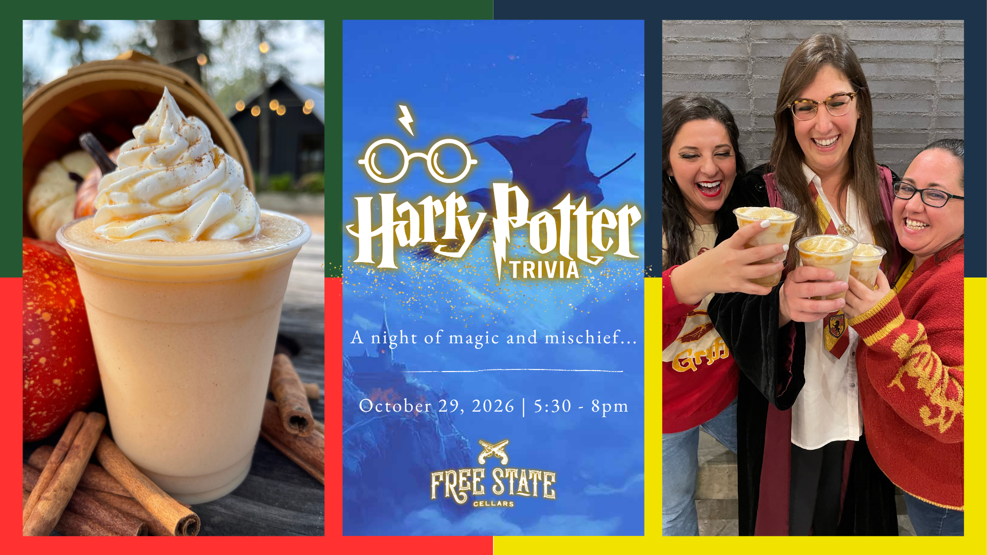 Three women enjoying drinks at Harry Potter Trivia Night event.