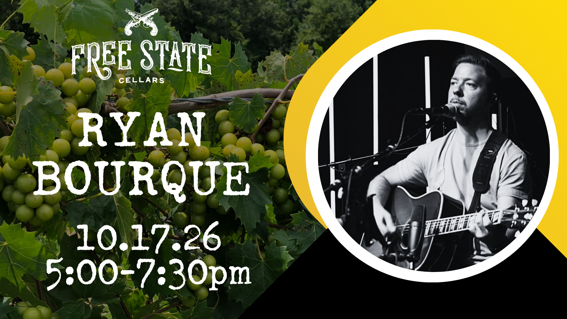 Live music performance at Free State Cellars featuring Ryan Bourque with guitar and microphone.