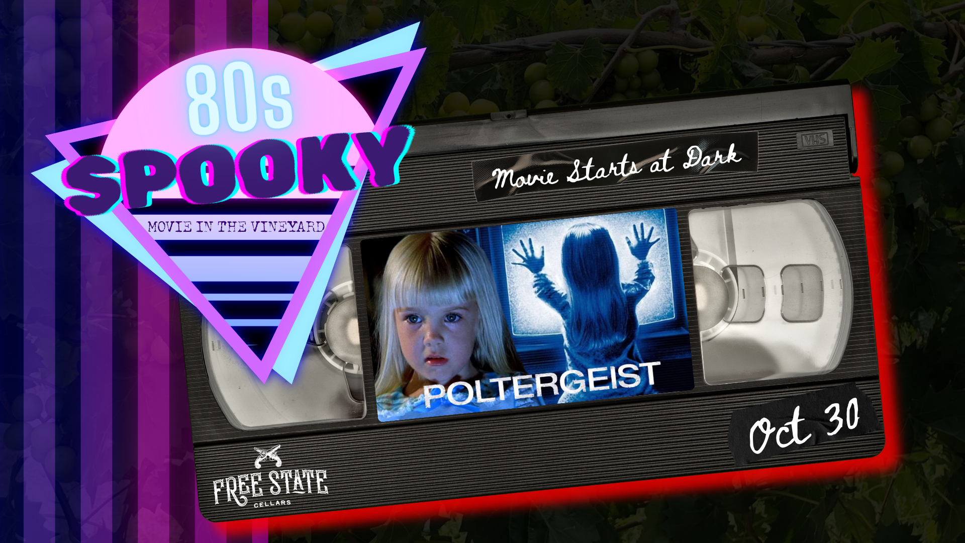 Vintage VHS tape with spooky 80s horror movie poster and children in a vineyard setting.