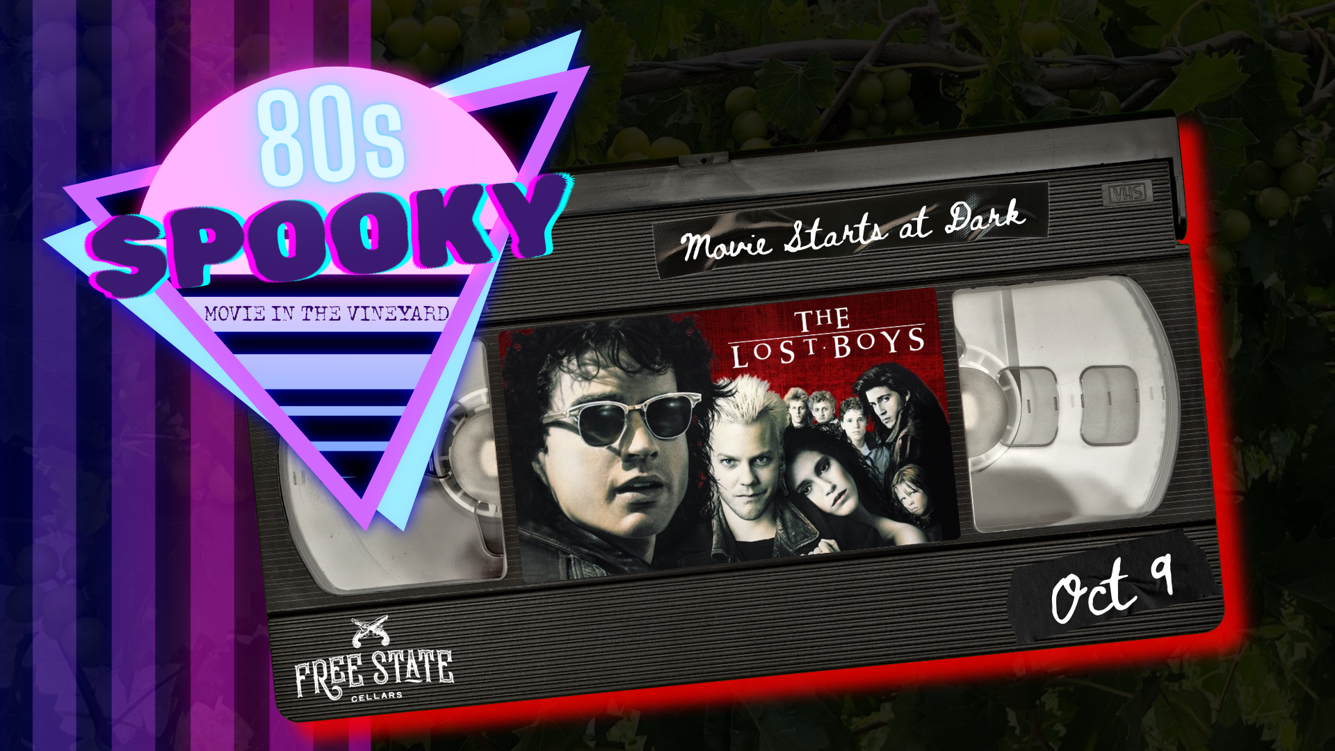 80s horror movie night poster with VHS tape and 'The Lost Boys' film image.