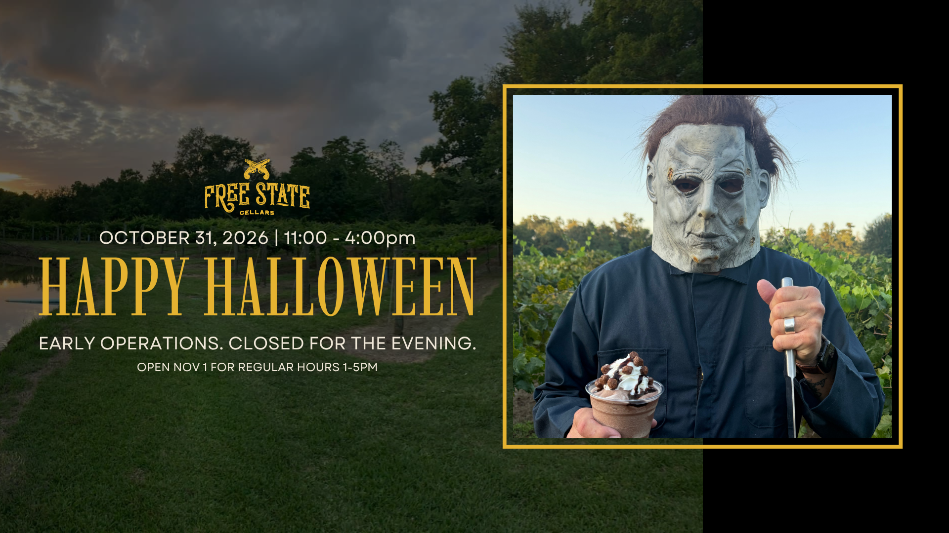 Freestate Cellars Halloween event promotional image with a masked man holding a treat.